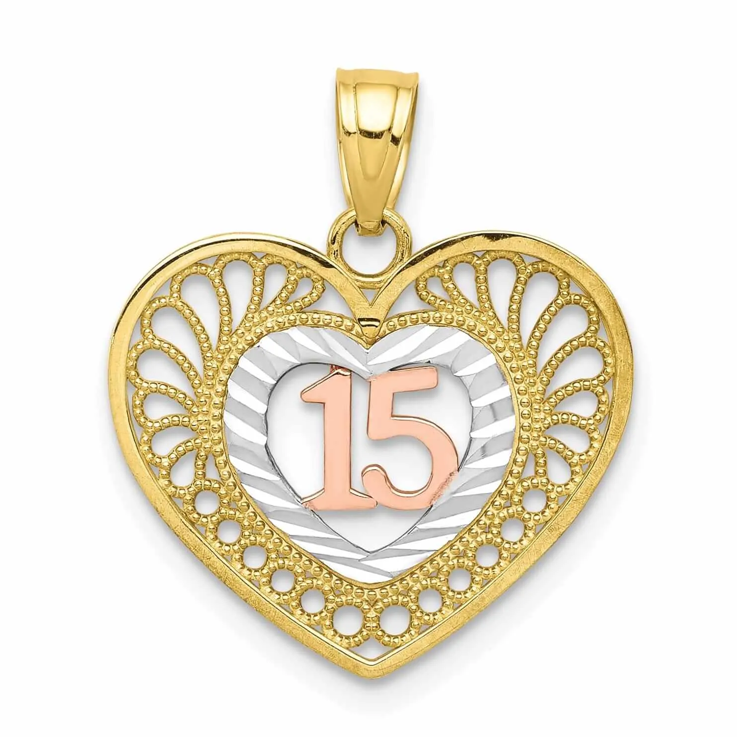 10K Two Tone Gold Polished Anos 15 Heart Charm