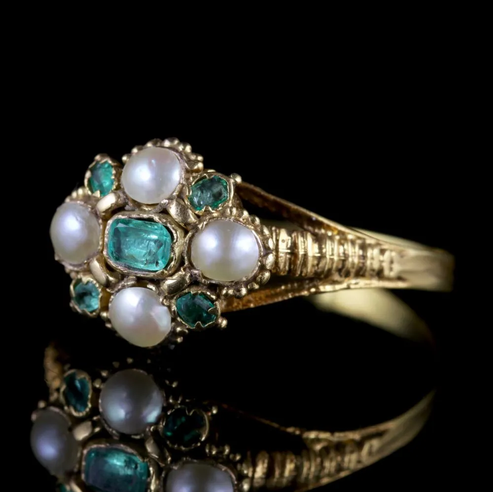 Antique Georgian Emerald Ring 18Ct Gold Pearl Circa 1800