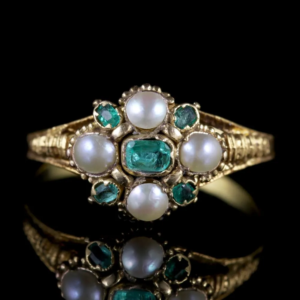 Antique Georgian Emerald Ring 18Ct Gold Pearl Circa 1800
