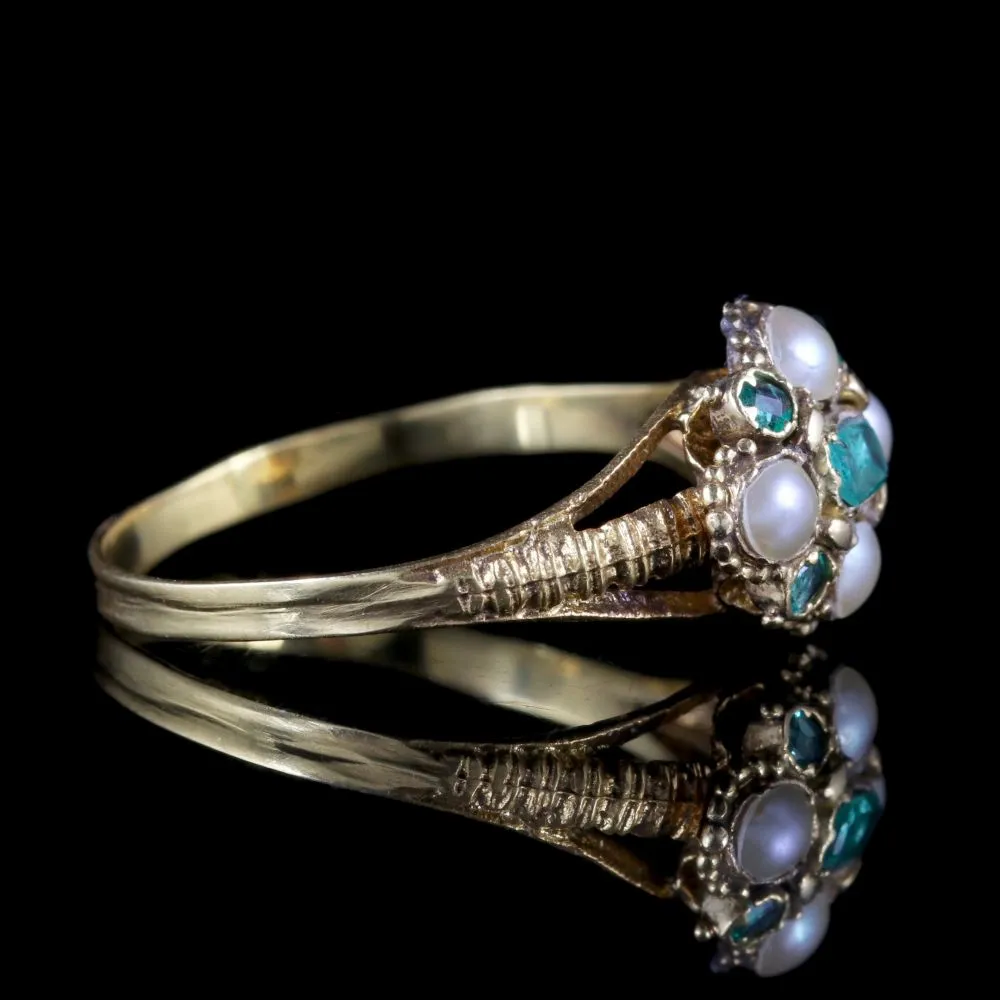Antique Georgian Emerald Ring 18Ct Gold Pearl Circa 1800