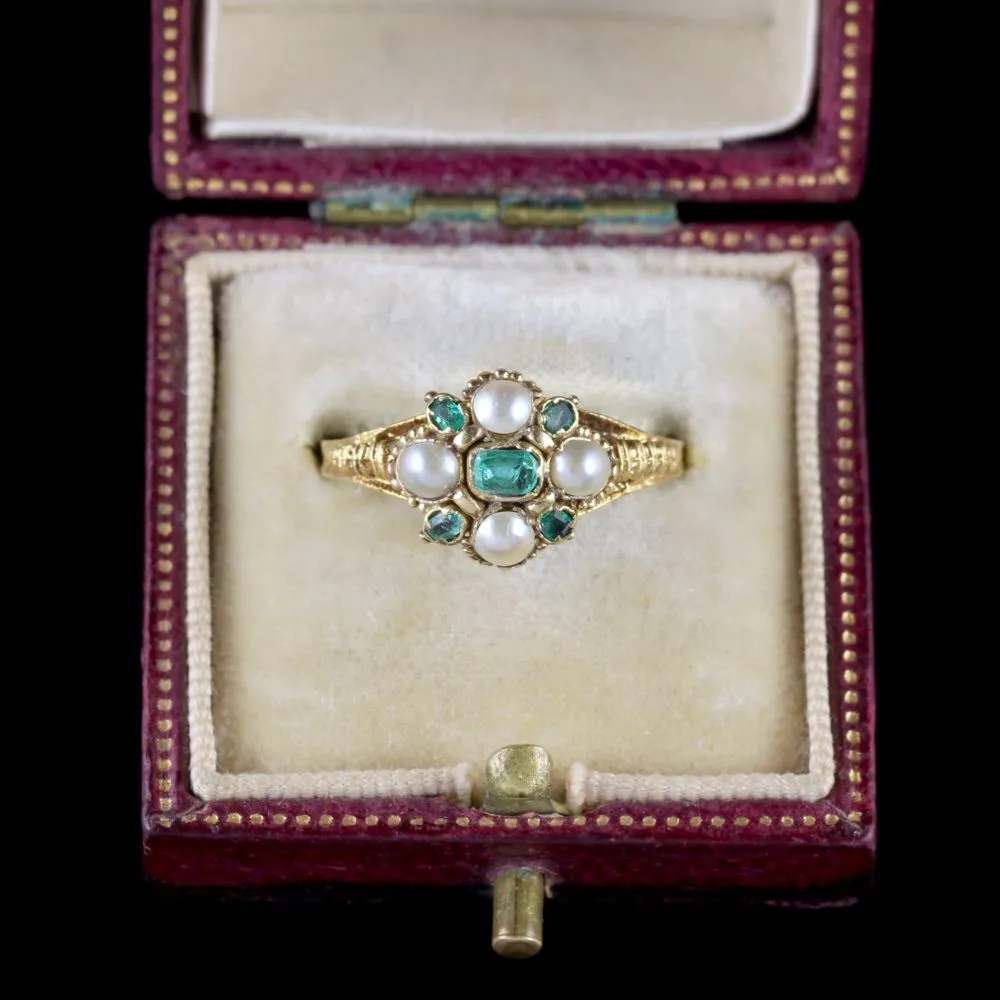 Antique Georgian Emerald Ring 18Ct Gold Pearl Circa 1800