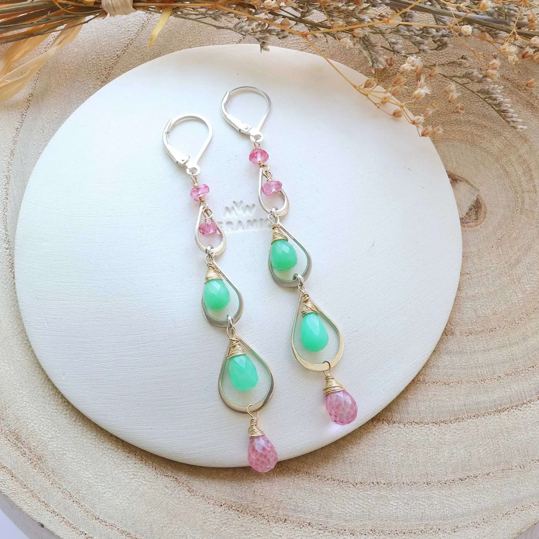 April Showers - Chrysoprase and Pink Topaz Silver Drop Earrings