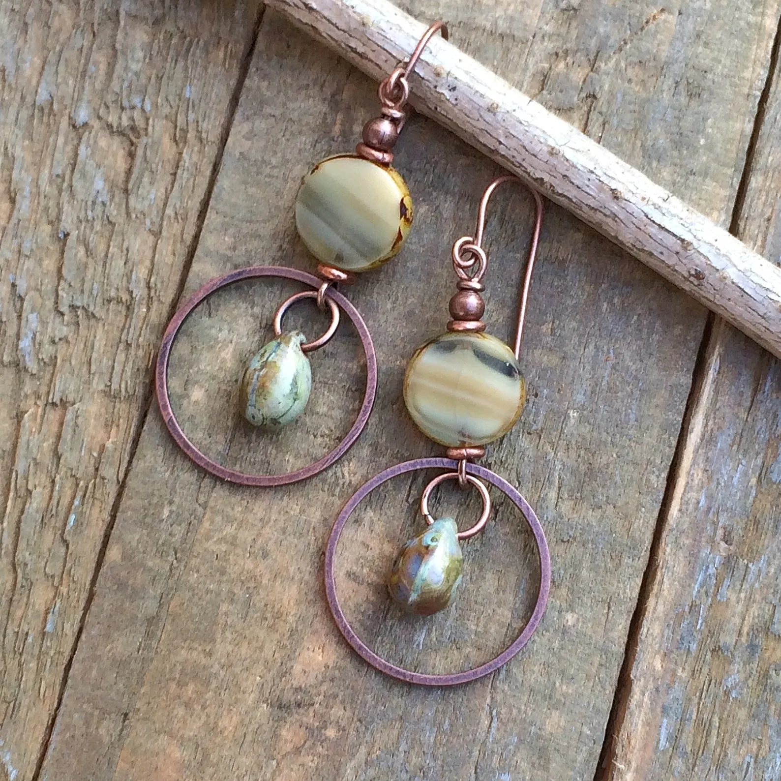 Beige Czech Glass Drop and Copper Earrings
