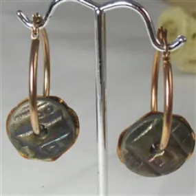 Dark Green Luster Handmade Earrings Raku Glaze Copper Hoops