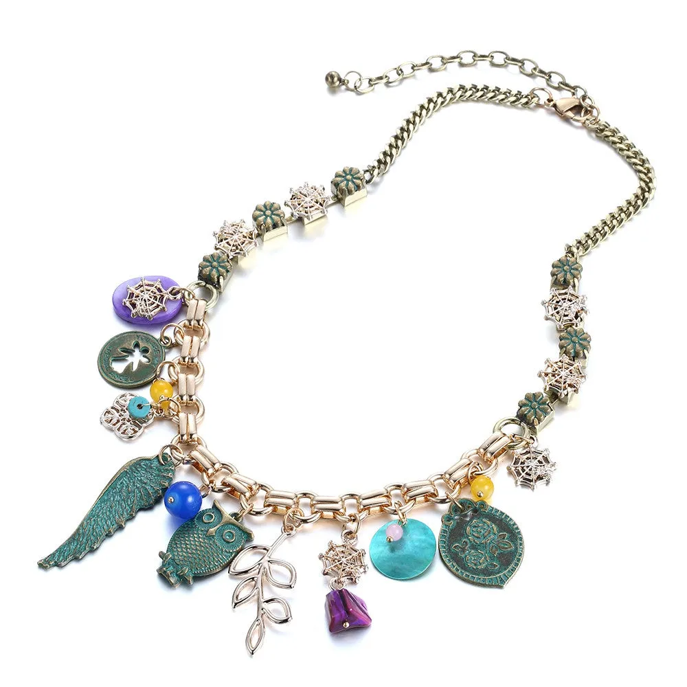 Ethnic Vintage Statement Charms Necklace Women Antique-Green Alloy Wings & Owl & Shell Pendants Brand Jewelry