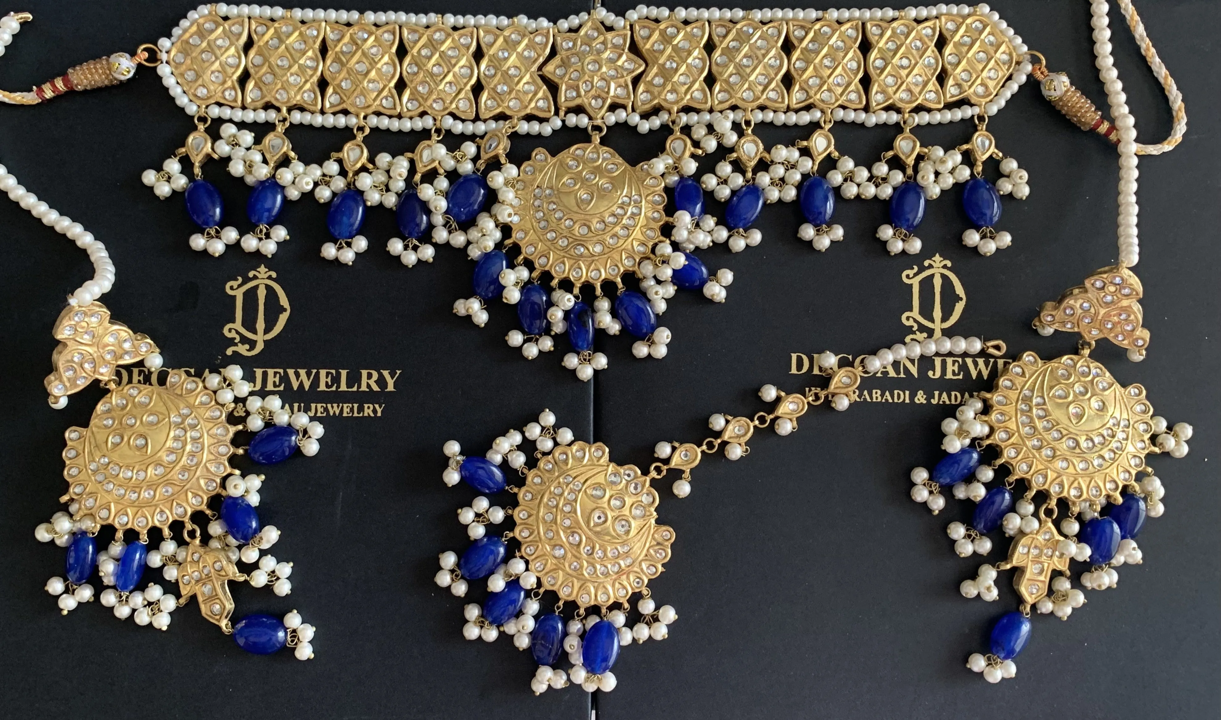 Kundan choker in blue beads ( SHIPS IN 4 WEEKS )