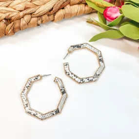 Octagon Hoop Earrings in White Snake Print