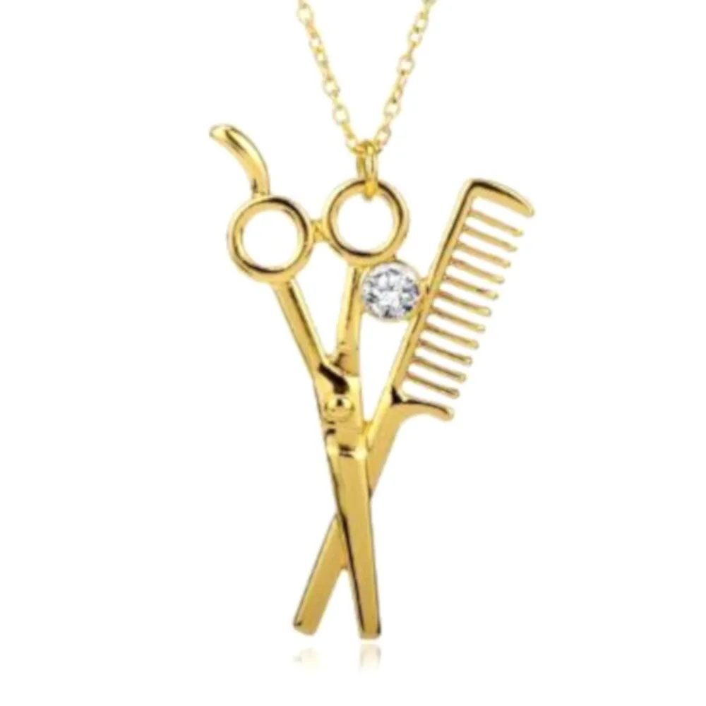 Shears and Comb Necklace Gold