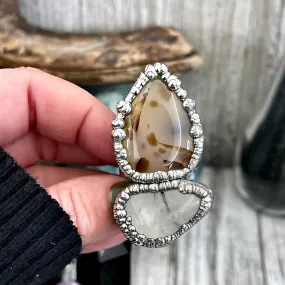 Size 9 Two Stone Ring- Dendritic Agate Tourmaline Quartz Crystal Ring Fine Silver / Foxlark Collection - One of a Kind
